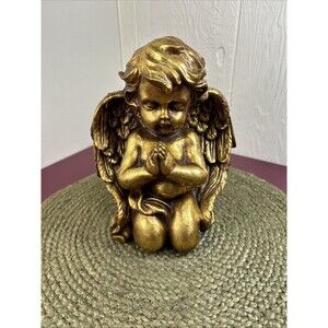 Vintage 1980s Gold Patina Kneeling Ceramic Angel Cherub Praying Figurine 8”